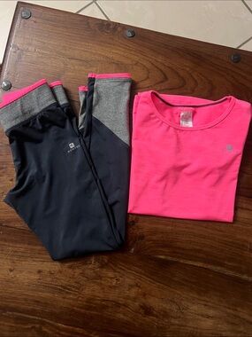 Girls Domyos Pink Active Tee & Gray Leggings Set